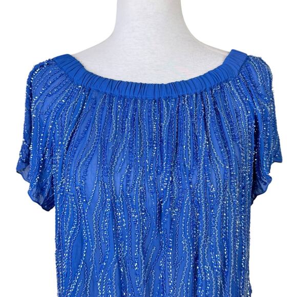 Parker NWT Royal Blue Beaded Embellished Off the Shoulder Sheer Top - Picture 8 of 16